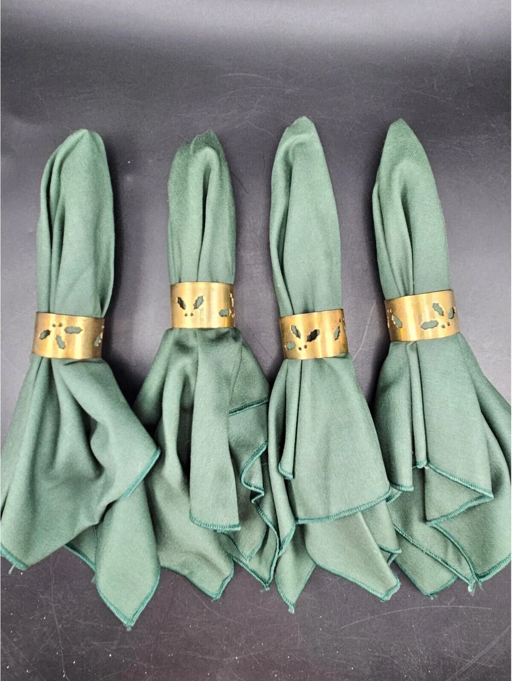 4 Vintage Brass Holly Napkin Rings and 4 Green Napkins